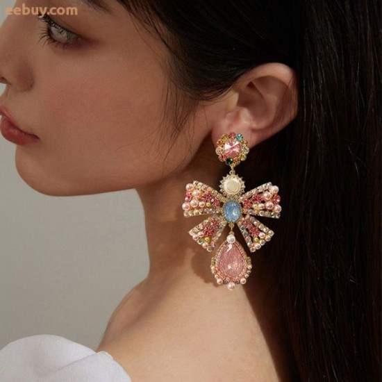 Wholesale Luxury Pink Rhinestone Bowknot Drop Earrings Wholesale Luxury Pink Rhinestone Bowknot Drop Earrings